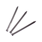 Three metal nails with flat heads and pointed tips are arranged diagonally on a white background.,