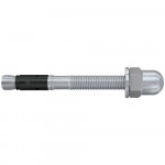 A metal anchor bolt with a threaded shaft, hex nut, dome cap, and an expansion sleeve near the end, used for securing objects to concrete or masonry surfaces.