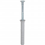 A metal screw partially inserted into a gray plastic wall plug, standing upright on a white background.