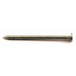 A single metal nail with a flat head and pointed tip, positioned horizontally on a white background.
