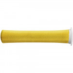 A cylindrical yellow fabric filter with a white plastic rim on one end, isolated on a white background.