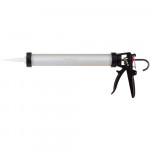 A caulking gun with a white cylindrical tube and a black trigger handle, used for applying sealants or adhesives. The nozzle is pointed for precise application.