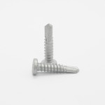Two silver self-tapping screws are arranged in an L shape on a white background. Both have flat heads and threaded shafts with pointed, drill-like tips.