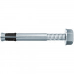 A metal anchor bolt with a hexagonal head, partially threaded shaft, and a black expansion sleeve near the tip, used for securing objects to concrete or masonry surfaces.