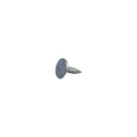 A single metal roofing nail with a wide, flat head and a short, pointed shank, isolated on a white background.