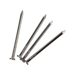 Four shiny metal nails are arranged diagonally on a white background, with pointed tips and flat heads visible.