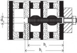 Technical drawing of a cross-section of a mechanical component, showing two ball bearings on a central shaft with labeled dimensions (d_0), (h_1), and (h_s). The assembly includes outer casings and a bolted end.