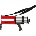 A red and silver handheld tool with a black handle, trigger, and shoulder strap, resembling a large caulking gun, photographed on a white background.