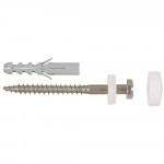 A metal screw with a wall plug, a white washer, a hex nut, and a white cap, all separated and aligned horizontally on a white background.
