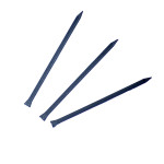 Three black metal nails with flat heads and pointed tips are arranged diagonally on a white background.,
