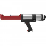 A metallic and red caulking gun with a pistol grip handle, designed for dispensing sealants or adhesives, shown on a white background.
