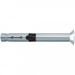 A metal wall anchor bolt with a countersunk head, cylindrical body, and black expansion section near the center, shown on a white background.