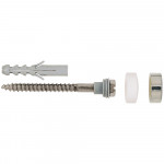 A wall plug, a metal screw with washers, a white plastic cap, and a metal ring are arranged in a row against a white background.