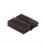 A bundle of small, black cylindrical plastic rods connected by a flat frame, arranged neatly in rows against a white background.