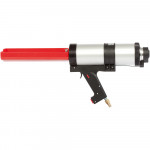 A pneumatic caulking gun with a silver cylindrical body, black handle with trigger, red cartridge holder, and brass air connector at the bottom.