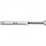 A metal screw partially inserted into a white plastic wall plug, used for securing objects to walls. The wall plug has ridges for grip and an expanding section for anchoring.