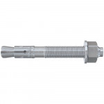 A metal anchor bolt with a threaded end, a hex nut, and an expanding sleeve, used for securing objects to concrete or masonry surfaces.