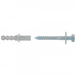 A grey plastic wall plug and a silver metal screw with a hexagonal head and washer, shown side by side on a white background.
