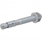 A close-up of a metal expansion bolt with a threaded shaft, hexagonal nut, and washer, commonly used for securing objects to concrete or masonry surfaces.