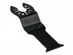 A black DEWALT oscillating multi-tool blade with a notched attachment end and a flat, serrated cutting edge.