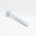 A single metal screw bolt with a hexagonal head and spiral grooves, placed on a white background.