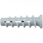 A gray plastic wall anchor with a flared end and spiral ridges, designed for securing screws in drywall or masonry.