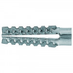 Close-up of a gray plastic wall plug with ridged sides and an open slit along its length, used for securing screws in masonry or drywall.
