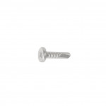A silver metal screw with a flat, round head and a pointed tip, isolated on a white background.