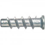 A close-up of a metal wall plug with a spiral thread and markings, used for securing screws in masonry or drywall.