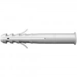 A white plastic wall plug anchor with a cylindrical body, ribbed sides, and expanding fins, designed for securing screws in drywall or masonry.