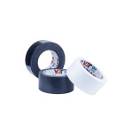 Three rolls of adhesive tape are shown against a white background—two black rolls and one white roll. The tapes are stacked closely together, with one black roll standing upright and the others lying on their sides.