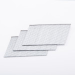 Four overlapping strips of metal nails are arranged in a diagonal pattern on a white background.,