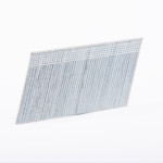 A stack of silver metal nails or brads is arranged in neat rows on a white background, forming a rectangular shape with all tips aligned.