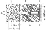 Technical drawing of a screw anchor fixed in a wall section, showing different material layers, dimensions, and labels including d0, hnom, tfix, h1, and a diameter of 60 mm.