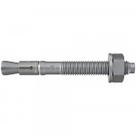A metal wedge anchor bolt with a threaded shaft, hex nut, and washer, designed for securing objects to concrete or masonry surfaces. The left end has an expansion clip, while the right end is threaded.