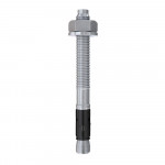 A close-up of a metal anchor bolt with a hex nut and washer, featuring a threaded shaft and a black expansion sleeve near the bottom.