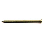 A close-up of a single, shiny metal nail with a flat head and pointed tip, positioned horizontally on a plain white background.