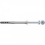 A gray plastic wall plug and a metal screw with a hexagonal head are shown aligned horizontally on a white background.,