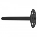 A black plastic wall plug with a round, flat disc at one end and a pointed tip at the other, designed for securing insulation boards to walls.