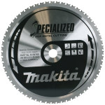 A circular metal saw blade labeled Makita and Specialized for Metal Cutting, with various technical specifications and safety icons printed on its surface. The blade has sharp teeth around its edge.