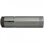 A cylindrical metallic object with a dark cap on one end, a narrow slot, and a fish symbol engraved near the opposite end. The surface is smooth and reflective.
