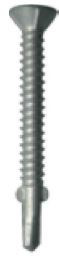 A close-up of a silver, flat-head screw with a threaded shaft and a pointed tip, oriented vertically with the head at the top.