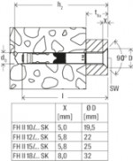 Technical drawing of a fastener embedded in concrete, with labeled dimensions and a 90-degree angle. A table below lists values for X (in mm) and ØD (in mm) for different fastener types (FH II 10, 12, 15, and 18).