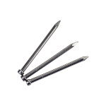 Three silver metal nails are arranged on a white background, each with a flat head and pointed tip, positioned so that they radiate outward and overlap slightly.
