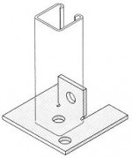 Isometric drawing of a metal bracket with a vertical U-shaped channel and three holes on the flat base plate for mounting or assembly purposes.,