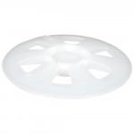 A white, round plastic disc with a central hole and several evenly spaced cut-out sections around it, resembling a wheel or spacer, against a plain white background.