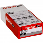 A red and white box of Fischer FPX M6-I anchors, containing 25 pieces. The packaging shows product details, technical diagrams, and labeling information.