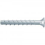 A silver metal concrete screw anchor with a flat countersunk head and helical threading along the shaft, shown against a white background.