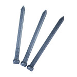Three large, flat-head, metal nails with square shanks and pointed tips, arranged parallel and slightly angled on a white background.