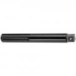 A black metal tool holder with a cylindrical body, a side groove, and a square end with a fastening screw, designed for holding cutting tools in machining operations.